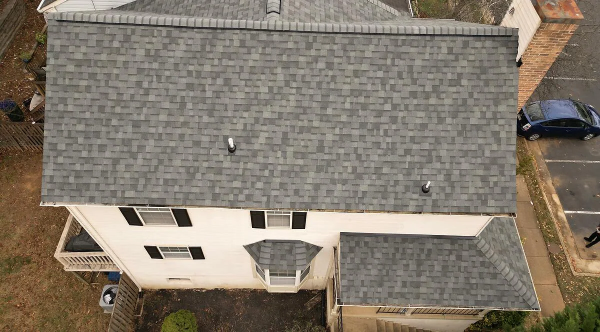 Large completed architectural shingle roof photographed from above