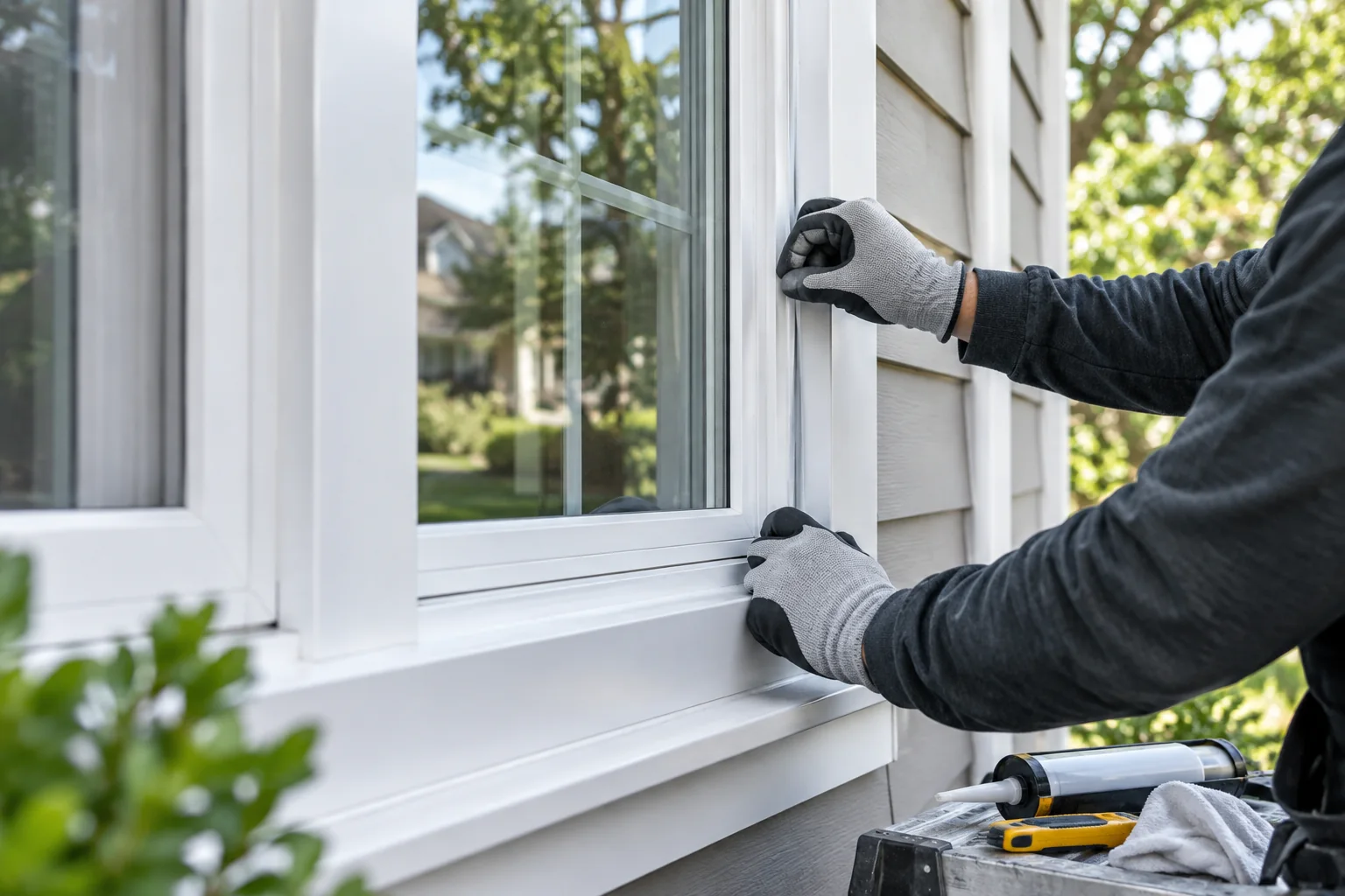 Tradesperson carefully sealing a replacement window